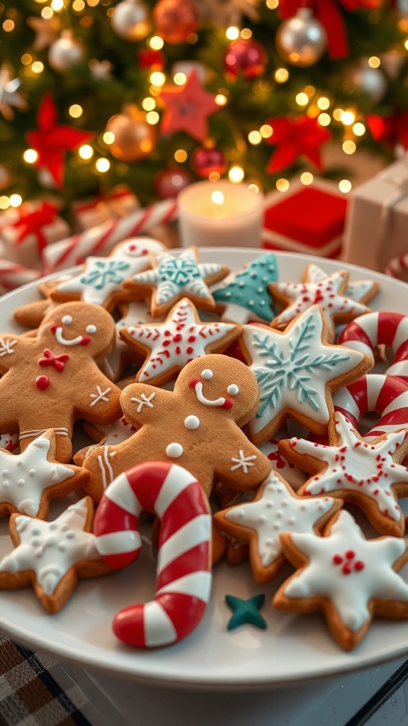 Festive Christmas Baking Ideas A festive platter of decorated Christmas cookies in various shapes and colors, set against a holiday backdrop.
